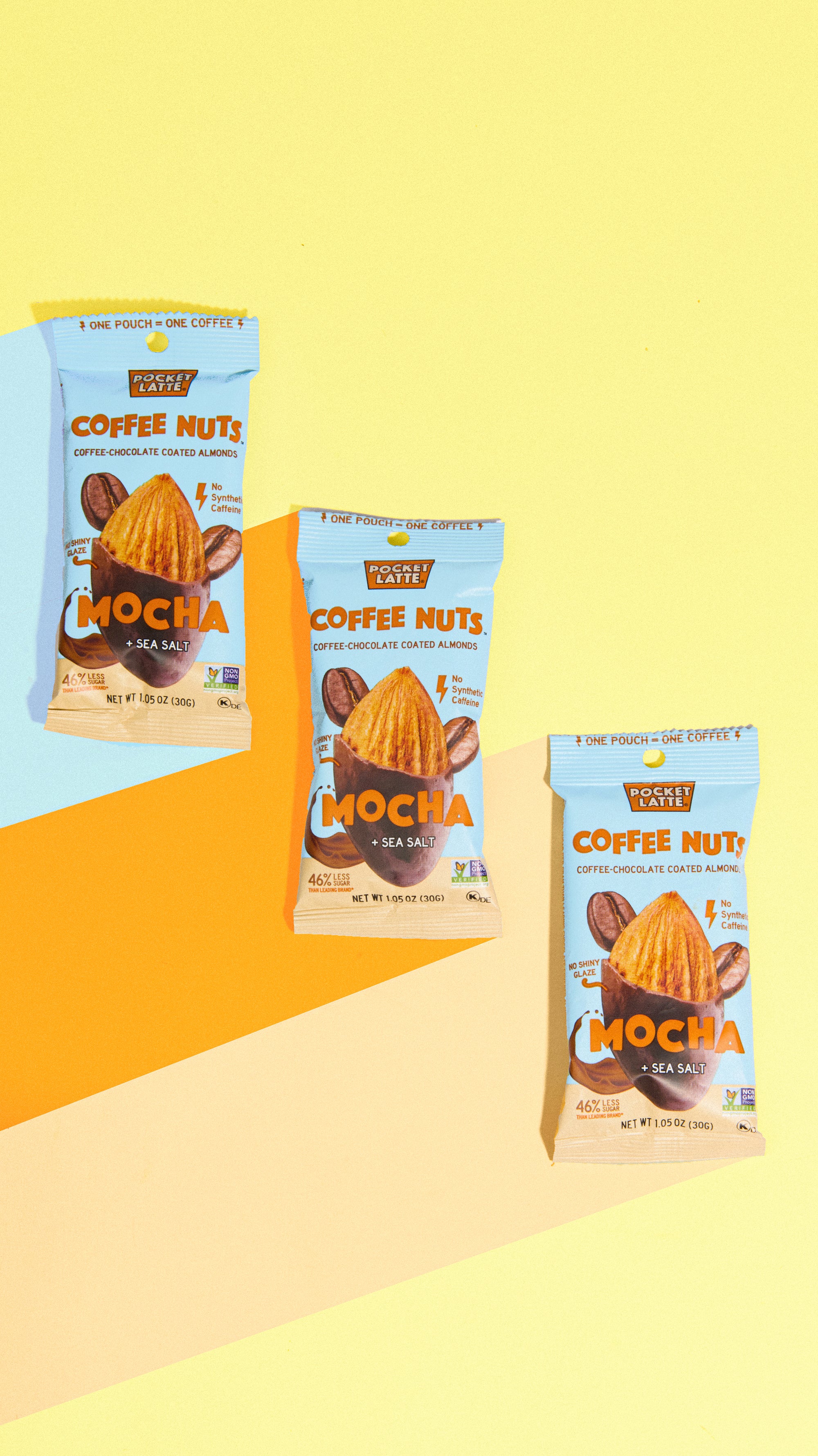 Three packets of "Mocha Coffee Nuts" with coffee bean and nut imagery on light blue packaging, against a striped backdrop