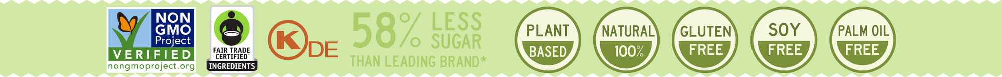 "Nongmo & Fair Trade Certified, 58% Less Sugar, Leading brand, Plant-based, Gluten/Soy/Palm Oil Free"