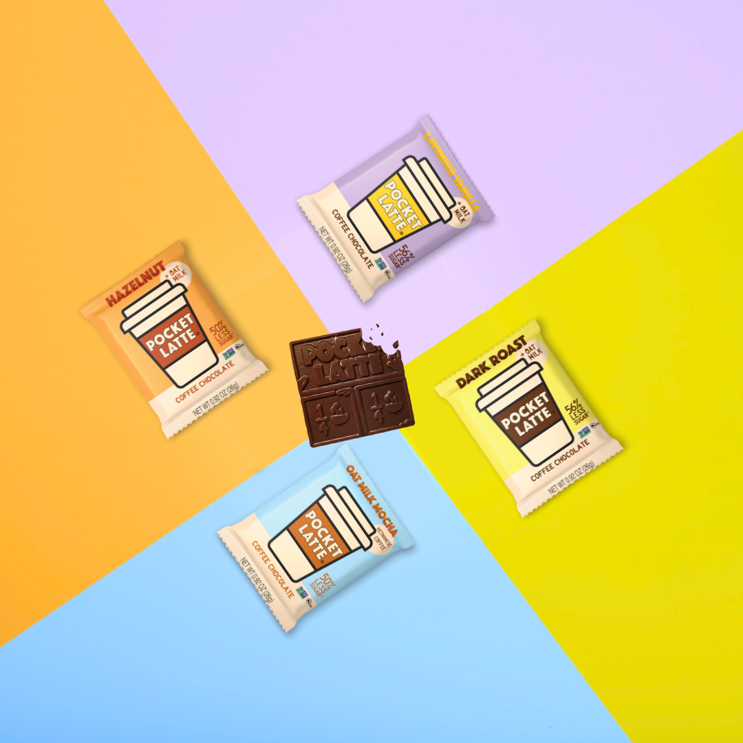 Colorful display of four Pocket Latte bars in different flavors with a central piece of dark chocolate