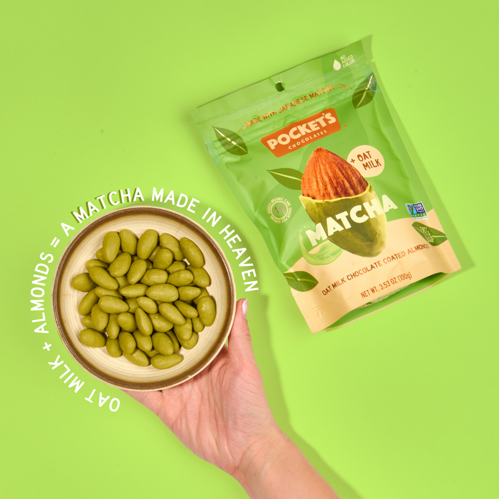Pocket's Chocolates' Matcha flavored chocolate almonds with text that reads "Oat milk plus almonds equals a matcha made in heaven".